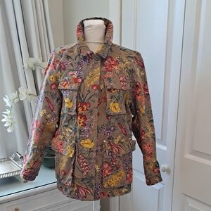 NWOT H&M Womens Floral Print/Khaki Cargo/Field/Chore Jacket Zip/Snap Front 10‎